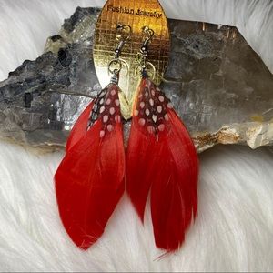 Red Feather Earrings - (NWOT)